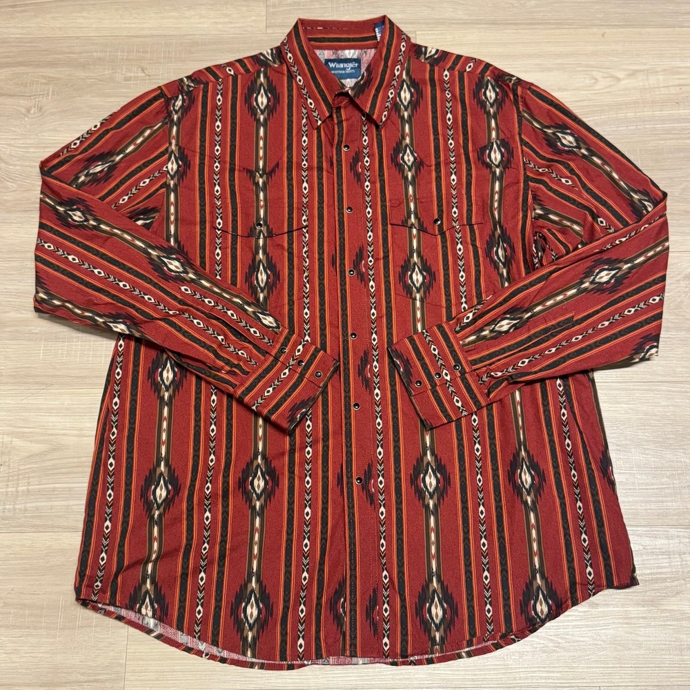 Wrangler Western Shirt Mens XL Aztec Southwestern Pearl Snap Cowboy Rodeo Red